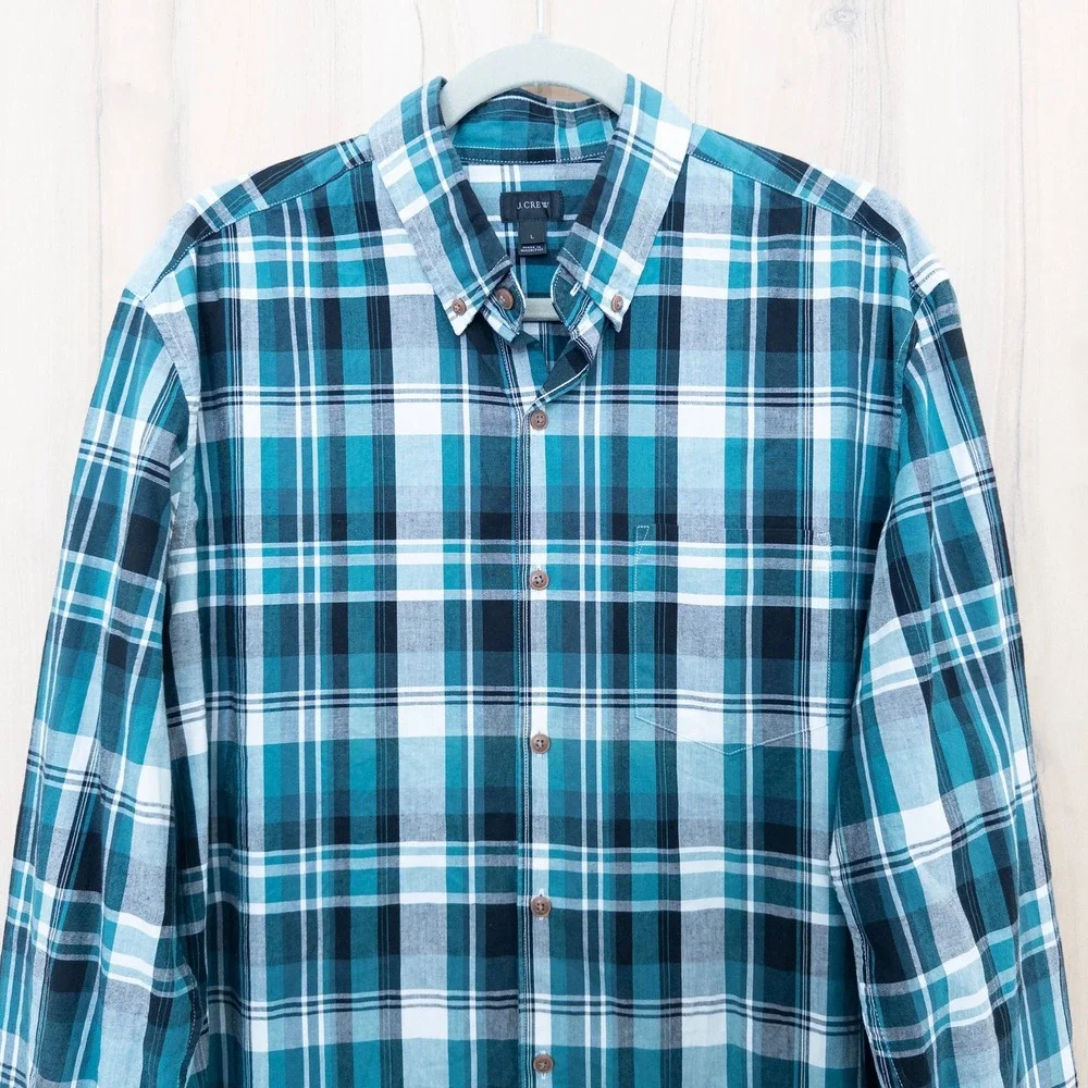 J.Crew Mens Button Down Shirt Size L Teal Plaid Preppy Classic‎ Office Casual